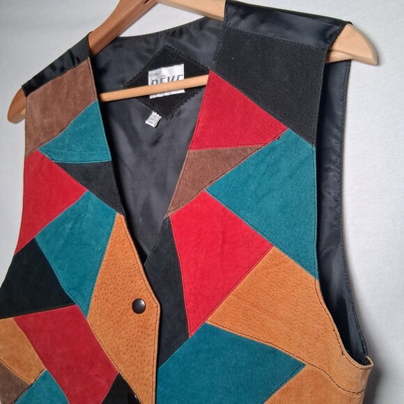 Vintage 1990s Ton Reve Vest Women Medium Suede Leather Patchwork Colorful Artsy - Picture 9 of 16